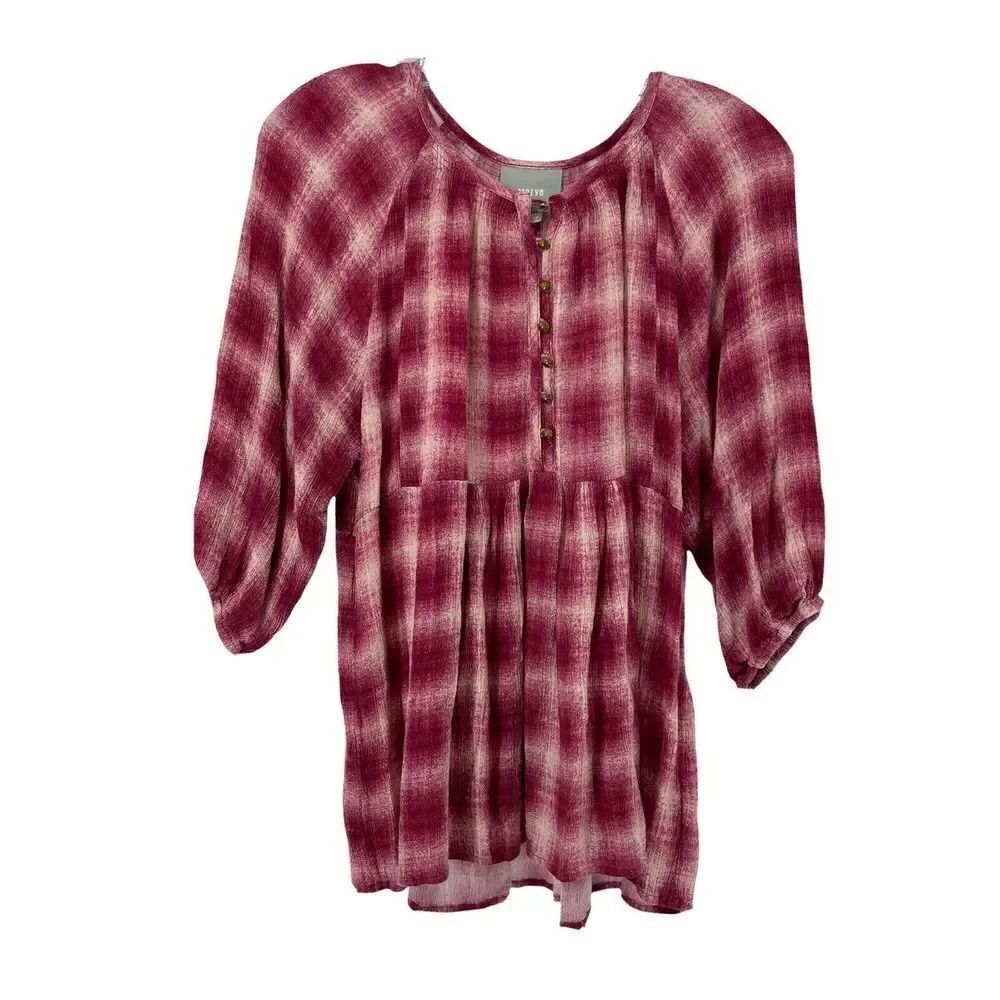 Maeve Anthropologie Plaid Blouse Pink 3/4 Length Balloon Sleeves Size M Bohemian